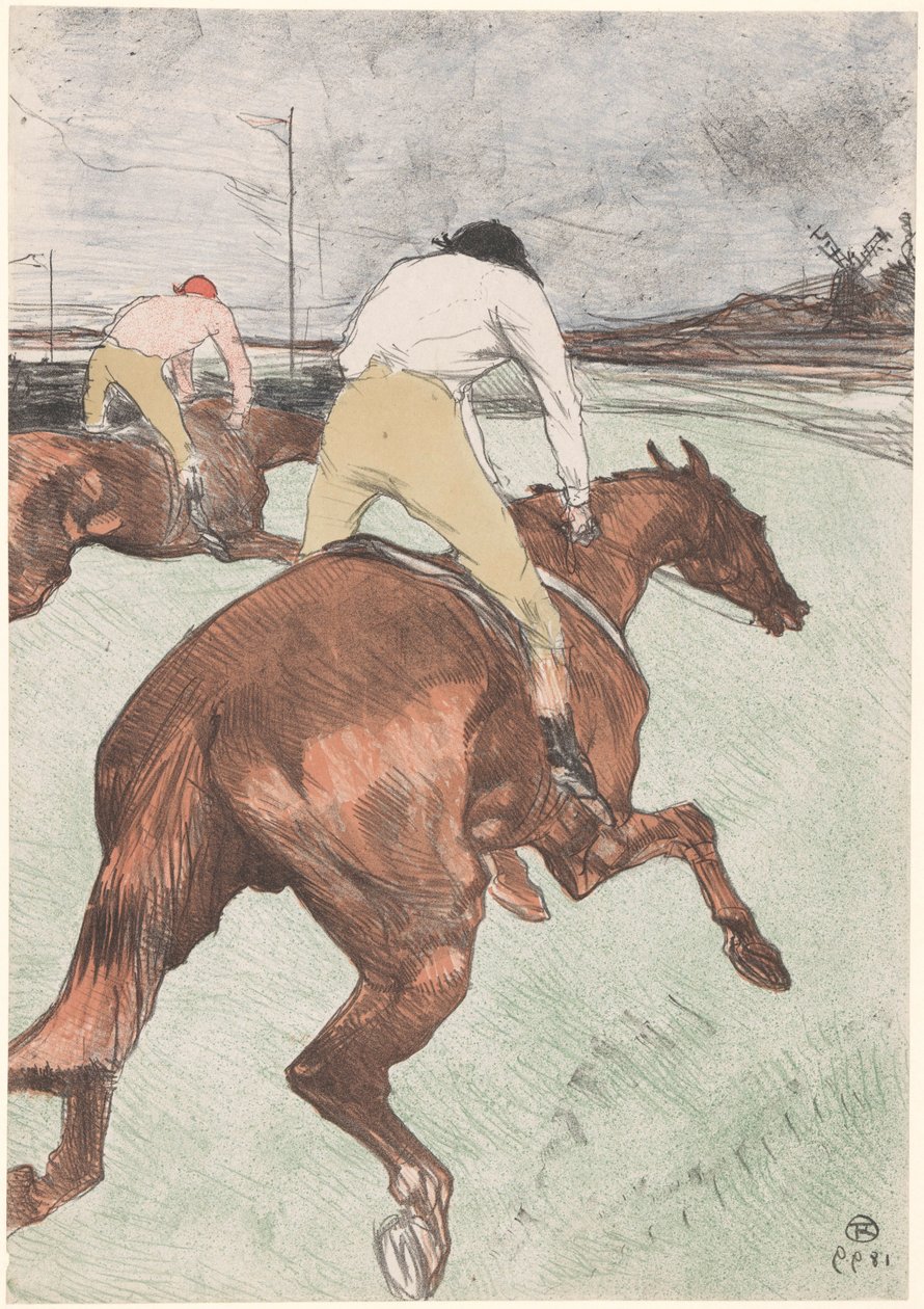 "Le Jockey" Två jockeys till häst Le jockey (originaltitel) Hästkapplöpning (serietitel) Kurser (serietitel) av Henri de Toulouse Lautrec