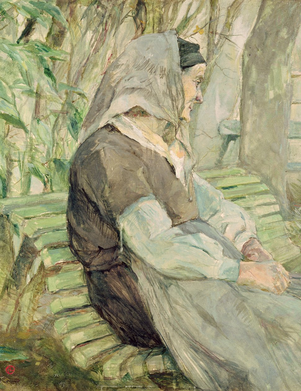 Gammal kvinna sitter på en bänk i Celeyran av Henri de Toulouse Lautrec