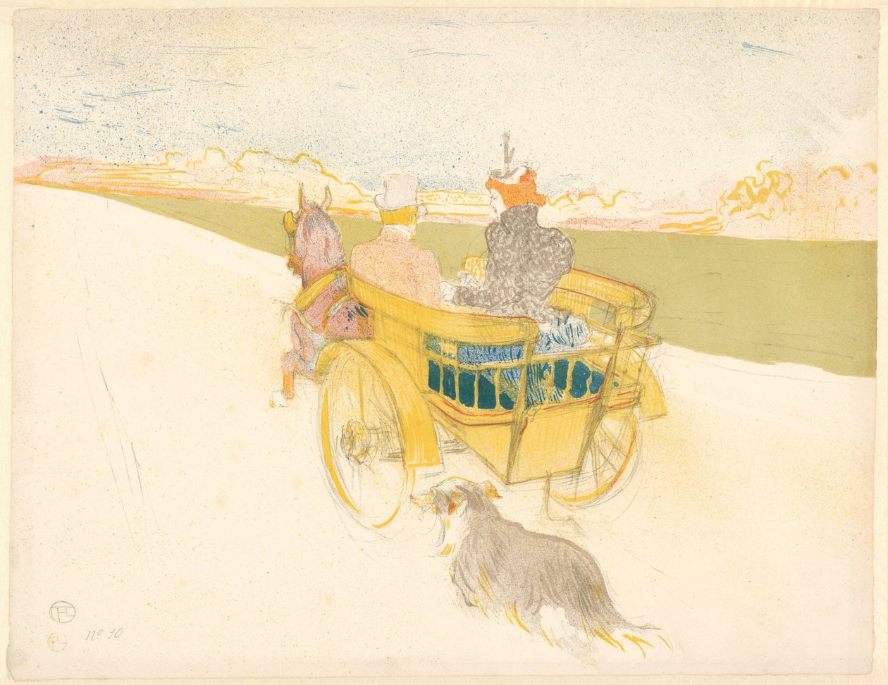 "Partie de Campaign" (Landsutflykt) Man och kvinna i en öppen vagn åker genom ett landskap med en hund Partie de kampanje (titel på objekt) av Henri de Toulouse Lautrec