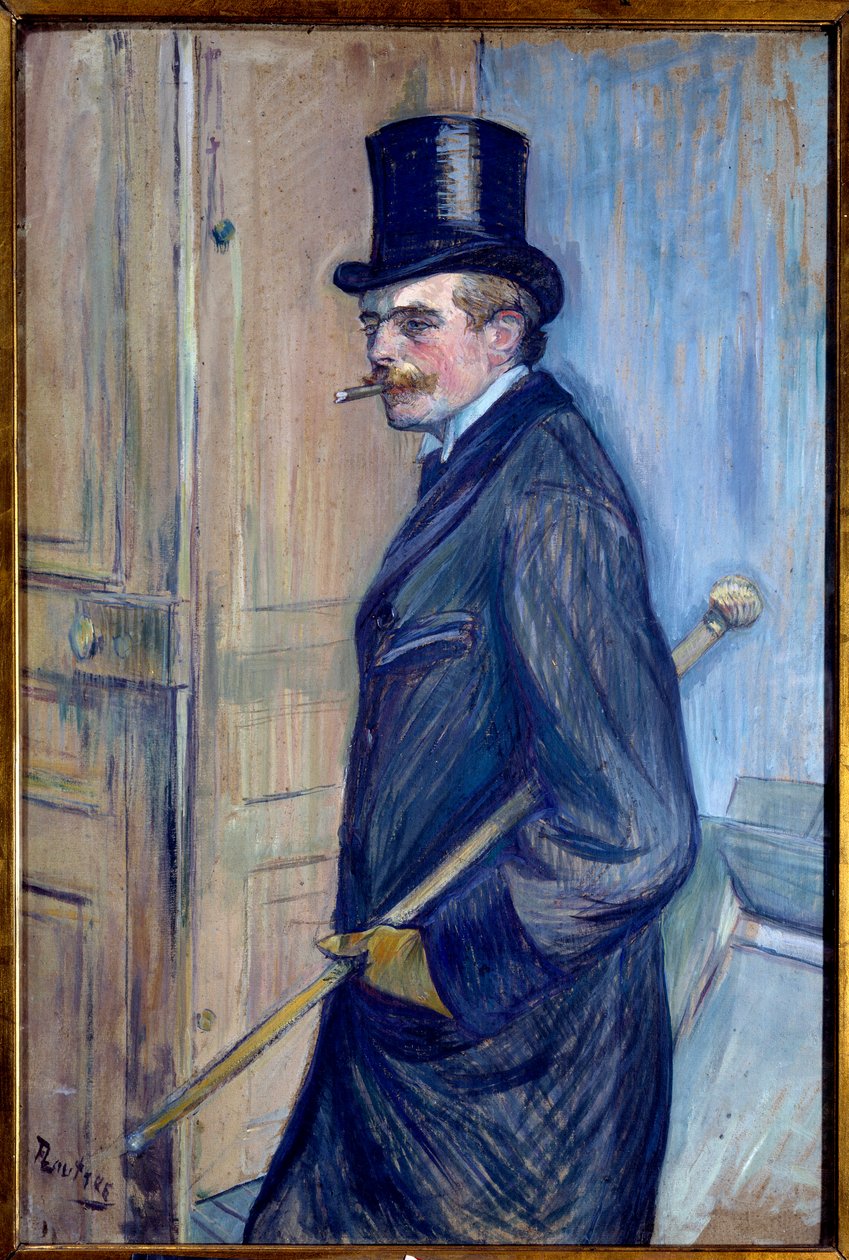 Porträtt av Louis Pascal (1864-1901) Konstnärens kusin är avbildad i hög hatt med käpp och rökande. Målning av Henri de Toulouse Lautrec (1864-1901) 1891 sön. 0,81x0,54 m Albi. Musee Toulouse Lautrec - Porträtt av Louis Pascal (1864-1901), konstnären av Henri de Toulouse Lautrec
