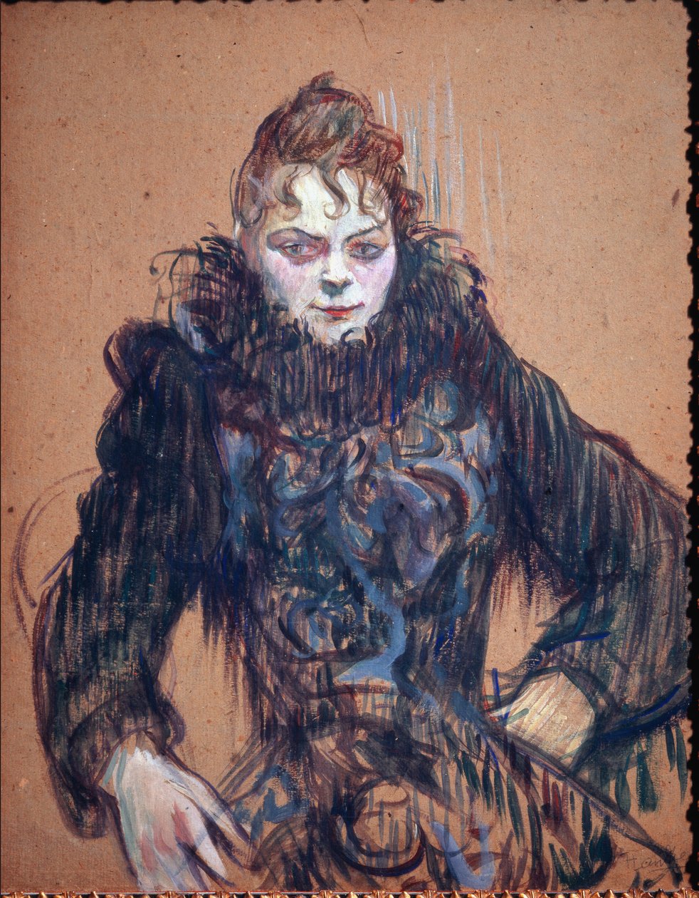 Porträtt av en kvinna i svart boa - olja på kartong av Henri de Toulouse Lautrec