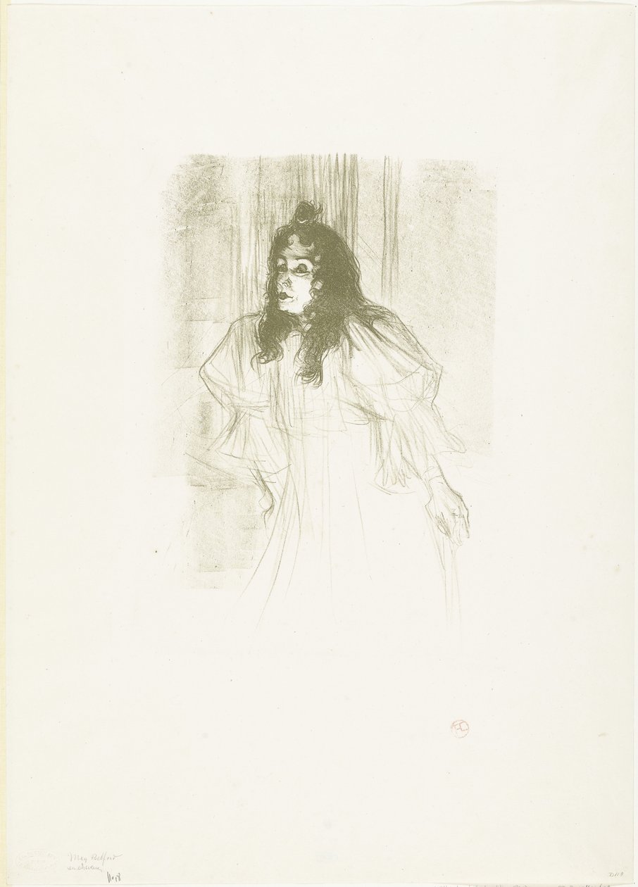 Porträtt av sångaren May Belfort med löst hängande hår av Henri de Toulouse Lautrec