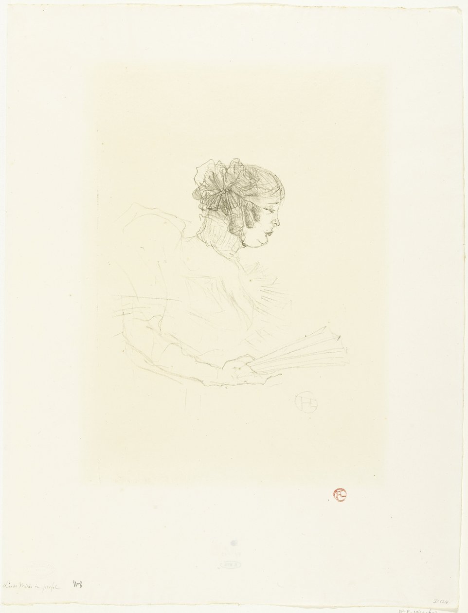 Porträtt av skådespelerskan Luce Myrès med fläkt Luce Myres i profil av Henri de Toulouse Lautrec