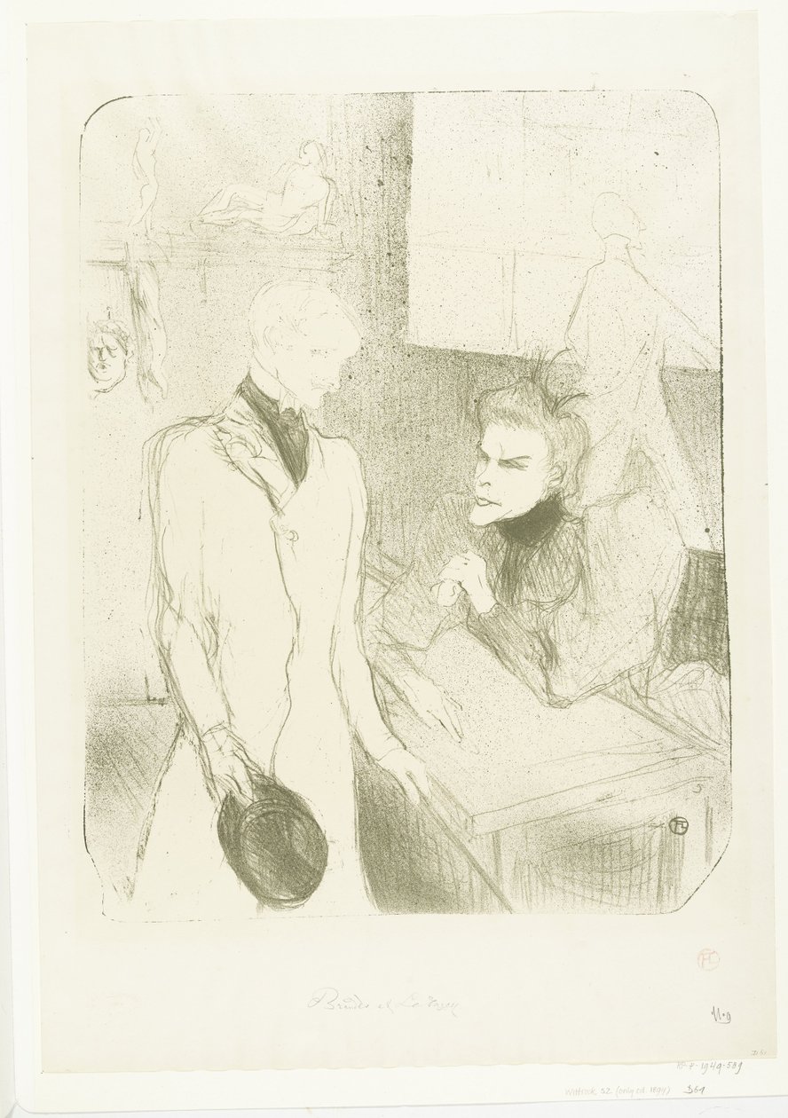Porträtt av skådespelerskan Marthe Brandès som skådespelaren Charles le Bargy i toneelstuk Les Cabotins Brandès och Bargy i Cabotins av Henri de Toulouse Lautrec