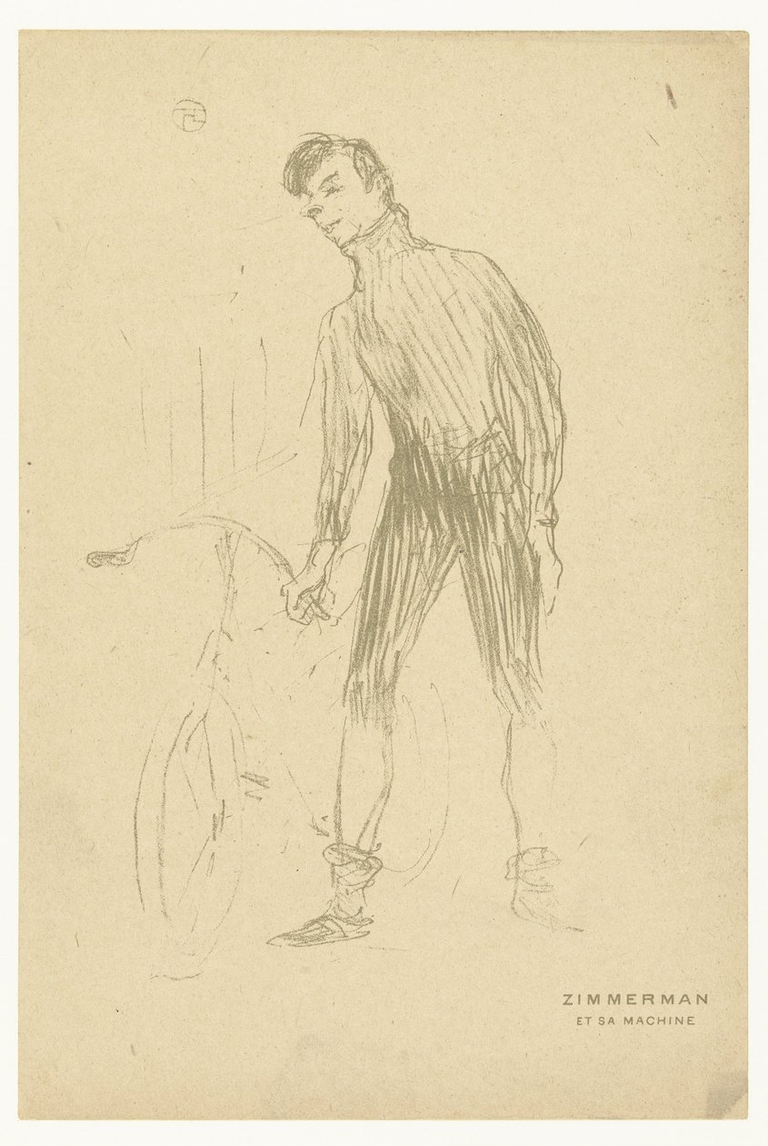 Porträtt av cyklisten Albert Zimmerman och hans cykel Zimmerman et sa maskin (titel på objekt) av Henri de Toulouse Lautrec
