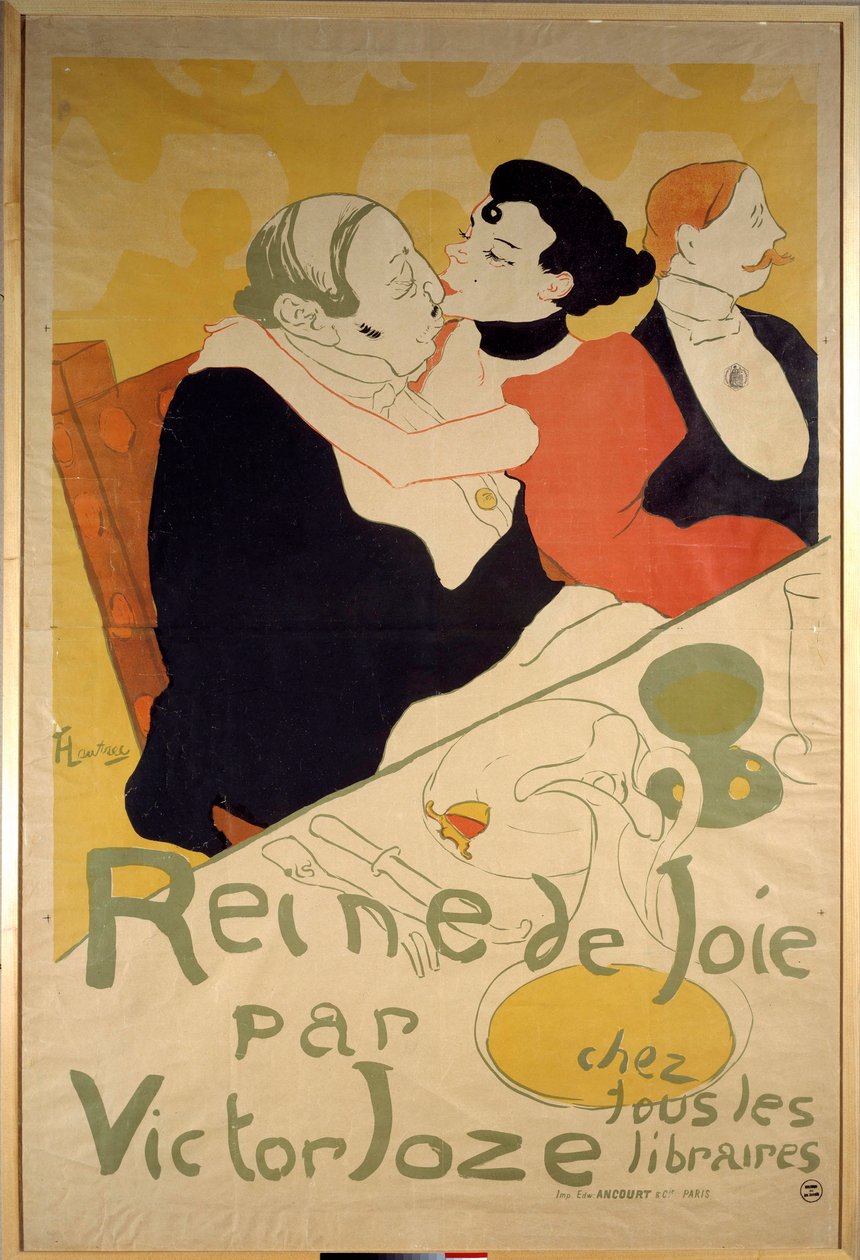 Affisch av Henri de Toulouse Lautrec (1864-1901) för "Queen of Joy" av Victor Joze som föreställer en ung prostituerad på en klients knä. 1800-talets privata samling av Henri de Toulouse Lautrec