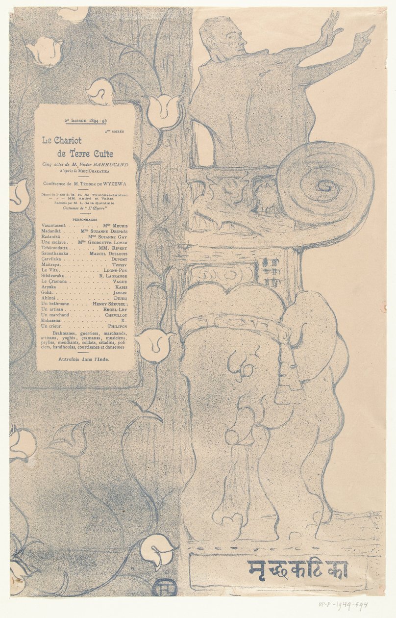Program för pjäsen Le chariot de terre cuite med skådespelaren Felix Fénéon stående på balkongen ovanför indisk elefant Program för Le chariot de terre cuite av Henri de Toulouse Lautrec