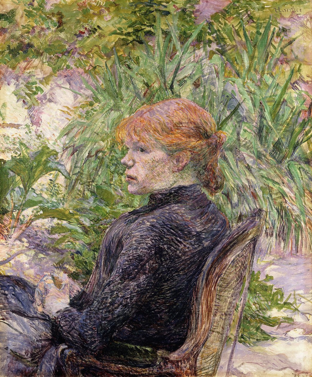 Rödhårig kvinna som sitter i Mrs trädgård, 1889 av Henri de Toulouse Lautrec