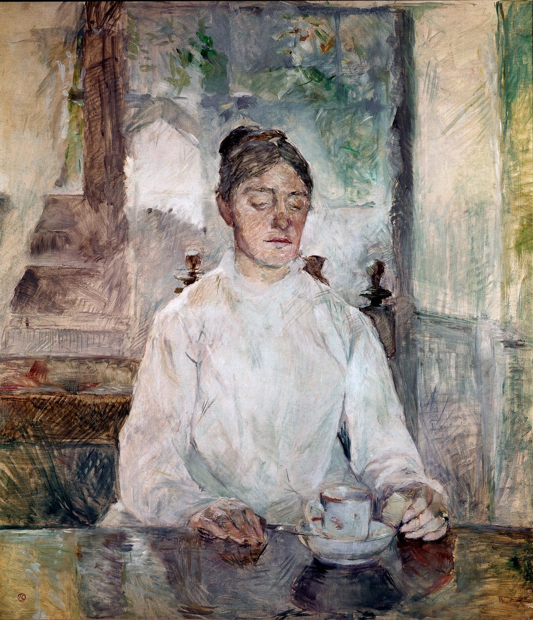 Konstnärens mamma, grevinnan Adele de Toulouse Lautrec, äter frukost på Chateau de Malrome. Målning av Henri de Toulouse-Lautrec (Toulouse Lautrec av Henri de Toulouse Lautrec