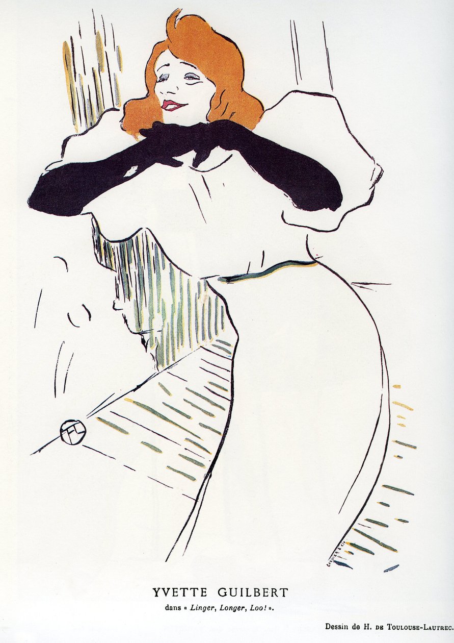 Sångerskan Yvette Guilbert (1867-1944) i "" Linger, Longer, Loo "": teckning av Henri de Toulouse Lautrec (Toulouse-Lautrec) av Henri de Toulouse Lautrec