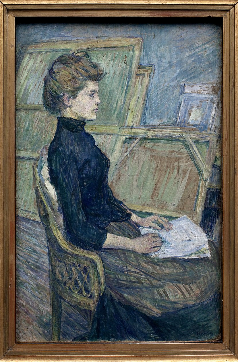 Den unga modellen Helene Vary i verkstaden. Konstverk av Henri de Toulouse Lautrec (1864-1901), olja på kartong av Henri de Toulouse Lautrec