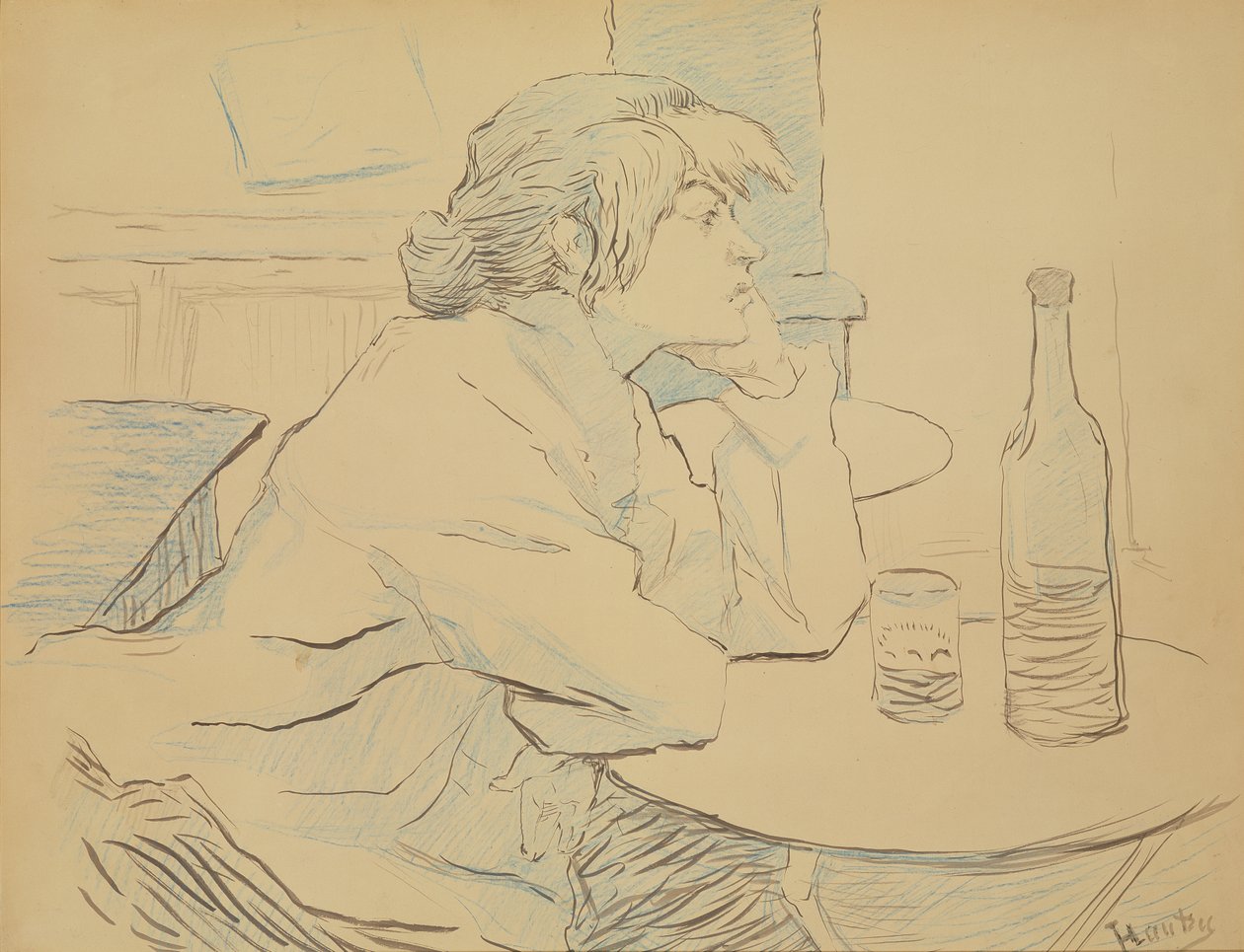 Woman Drinker, eller The Hangover, 1889 (blæk og farveblyant) swed av Henri de Toulouse Lautrec