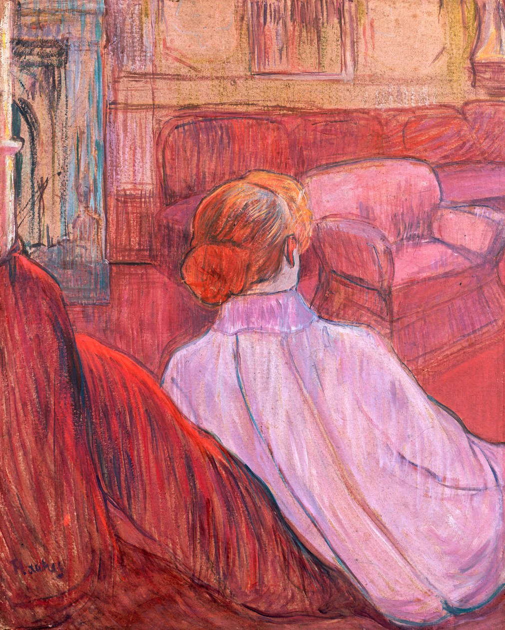Kvinna som sitter på en röd soffa av Henri de Toulouse Lautrec