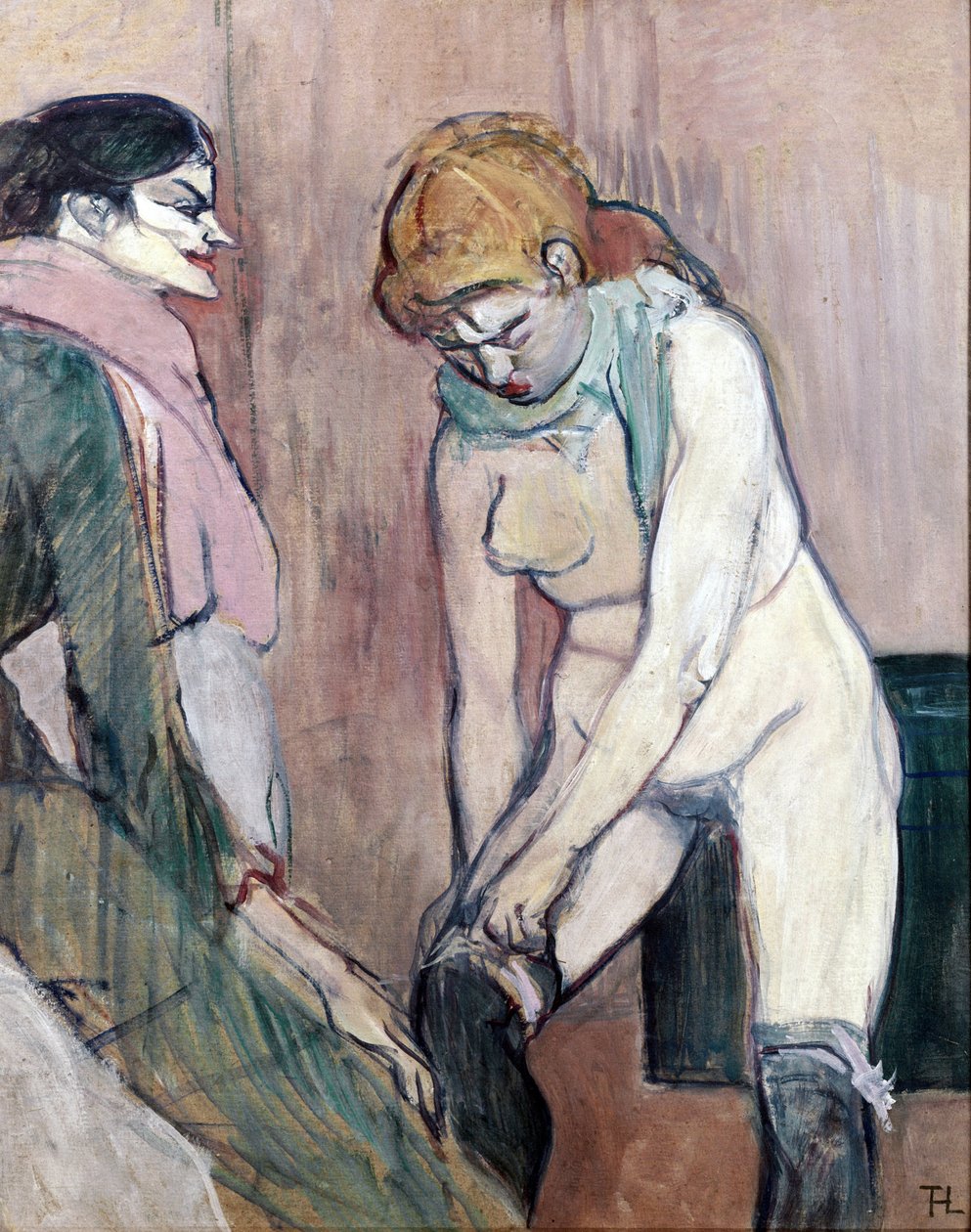 Kvinna som drar sina strumpor eller Woman of house (målar på kartong av Henri de Toulouse Lautrec