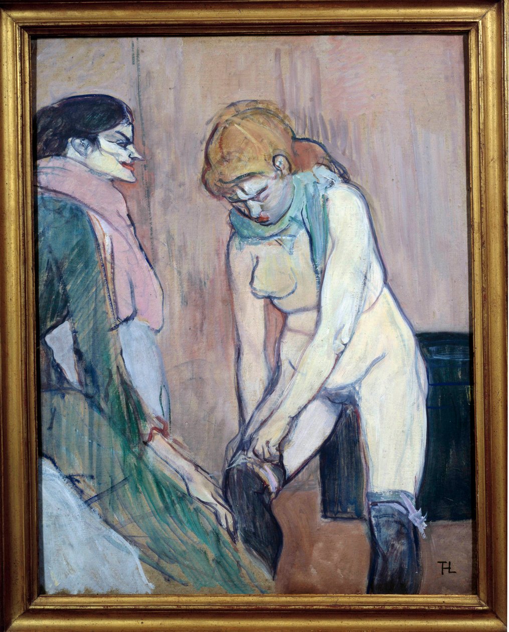 Kvinna som drar sina strumpor eller "" Woman of house"" Målning på kartong av Henri de Toulouse Lautrec (1864-1901) 1894 Sön. 0,58x0,46 m. Paris, Musée d
