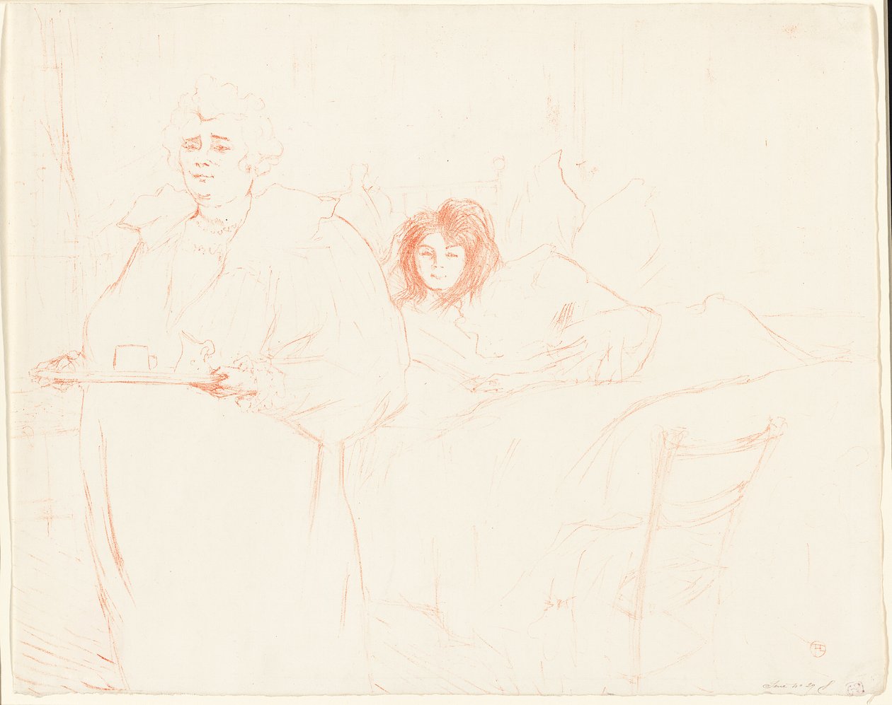 Kvinna med en bricka—frukost (Madame Baron och Mademoiselle Popo), tallrik två från Elles av Henri de Toulouse Lautrec
