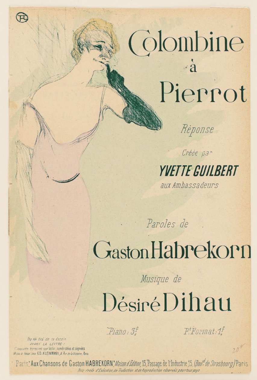 Yvette Guilbert, i Colombine vid Pierrot av Henri de Toulouse Lautrec