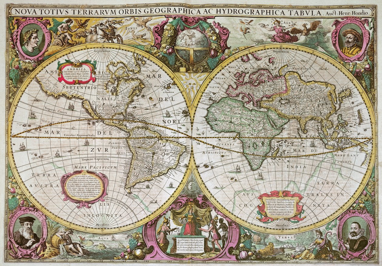 En ny land- och vattenkarta över hela jorden, 1630 av Henricus Hondius II
