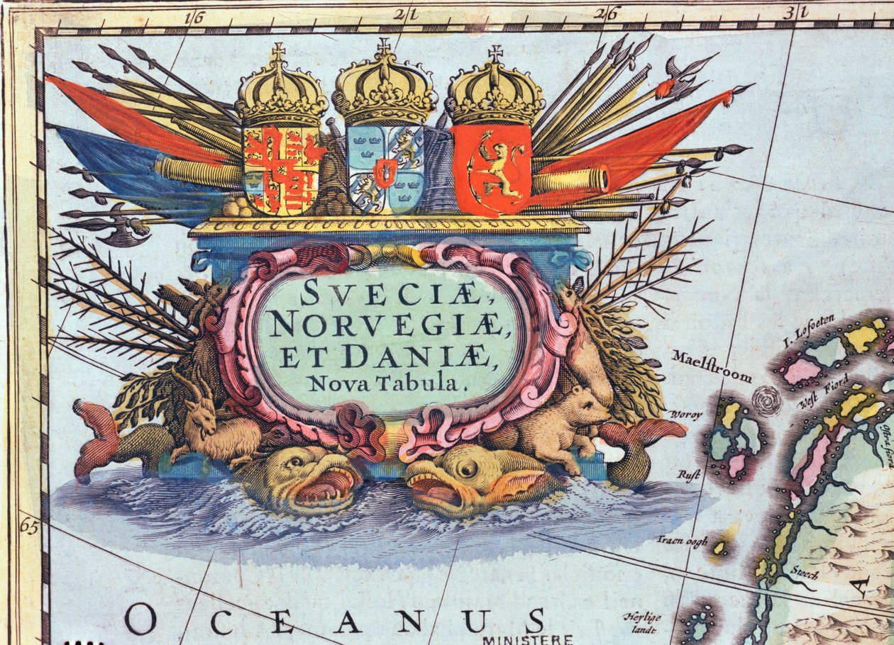 Kartusch från en karta över Sverige, Norge och Danmark, 1631 (färgstick) av Henricus Hondius II
