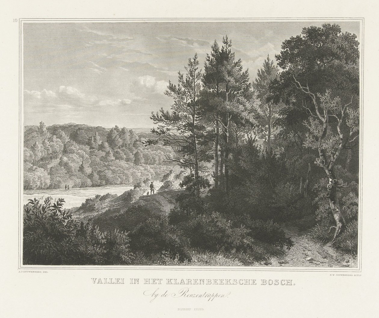 Utsikt över en dal i Klarenbeek park nära Arnhem Dal i Klarenbeeksche Bosch (titel på objekt) Scener från omgivningarna i staden Arnhem (serietitel) av Henricus Wilhelmus Couwenberg