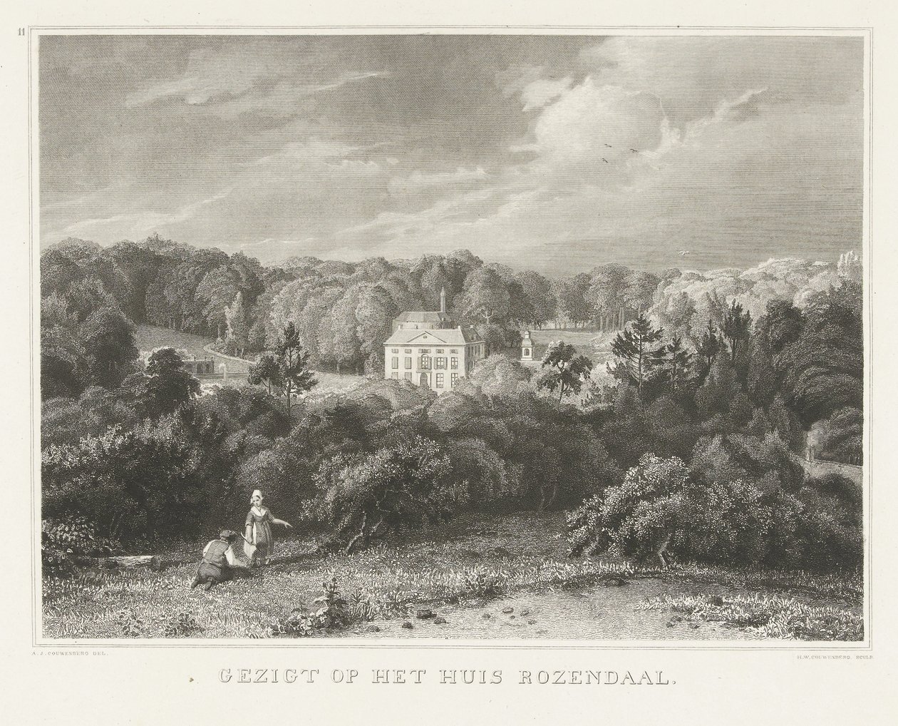Utsikt över godset och slottet Rosendael Utsikt över huset Rozendaal (titel på objekt) Scener från omgivningarna i staden Arnhem (serietitel) av Henricus Wilhelmus Couwenberg
