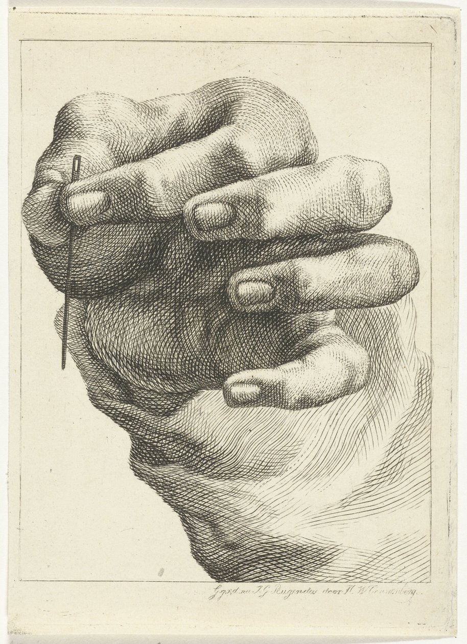 Studie av en hand med en nål mellan tumme och pekfinger av Henricus Wilhelmus Couwenberg