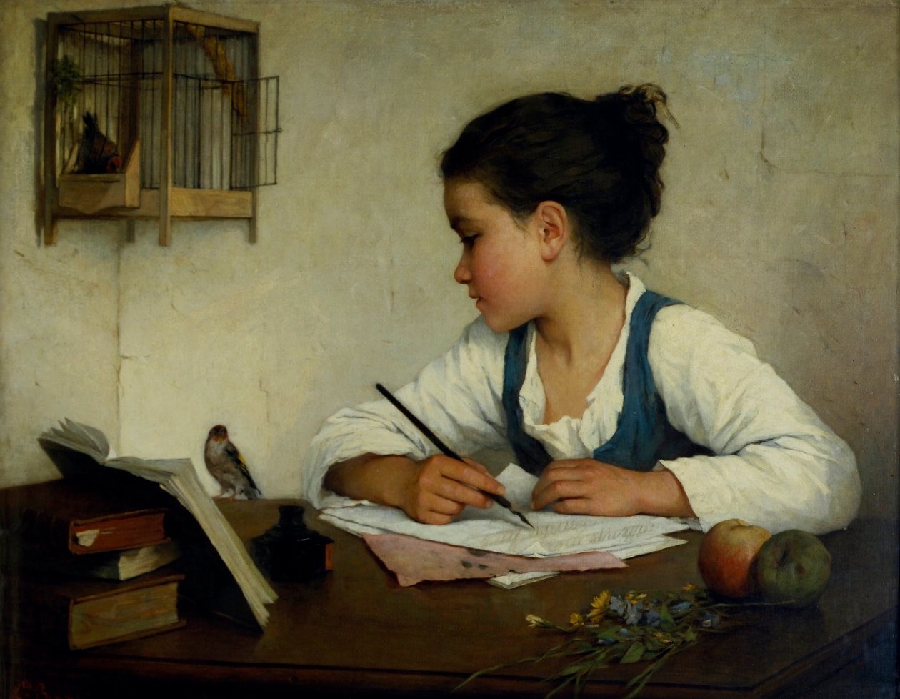 En tjej som skriver; Pet Goldfinch av Henriette Browne