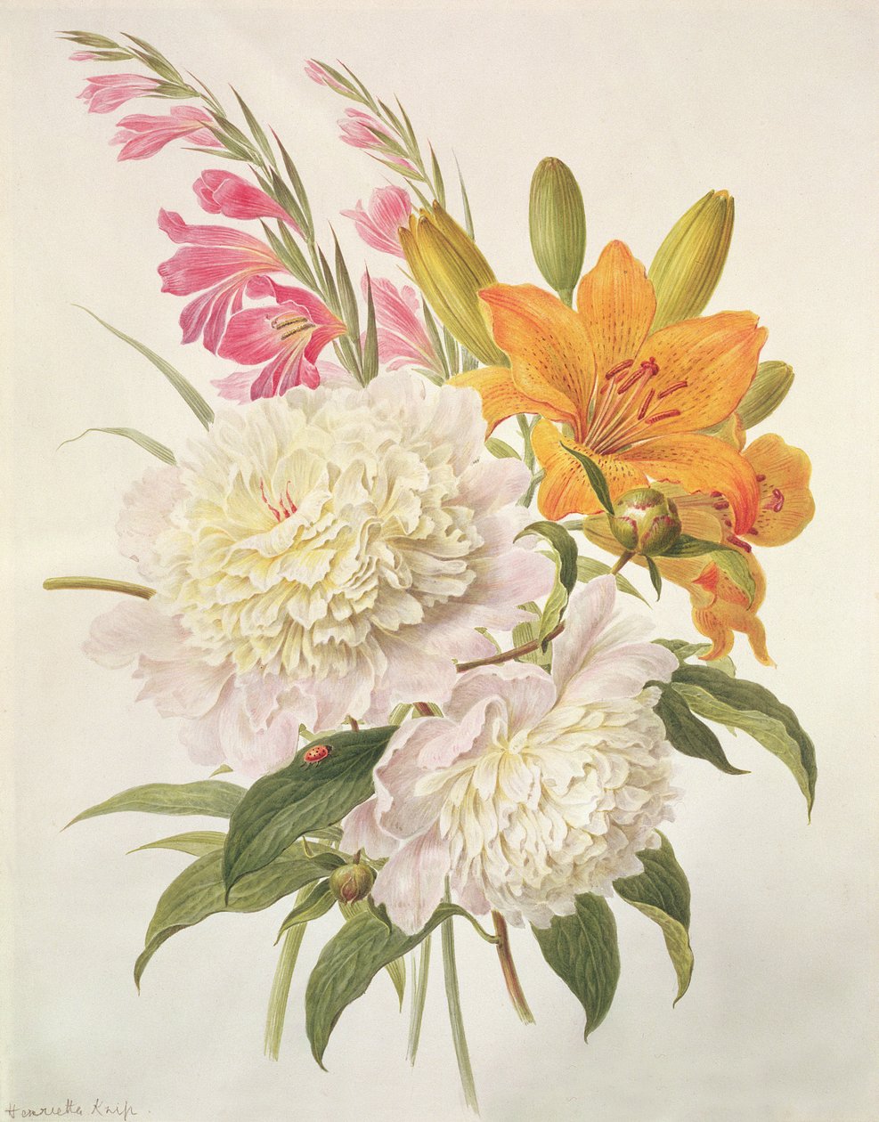 Sprayer av Gladioli, pioner och Lilium Bulbiferum av Henriette Gertruide Knip