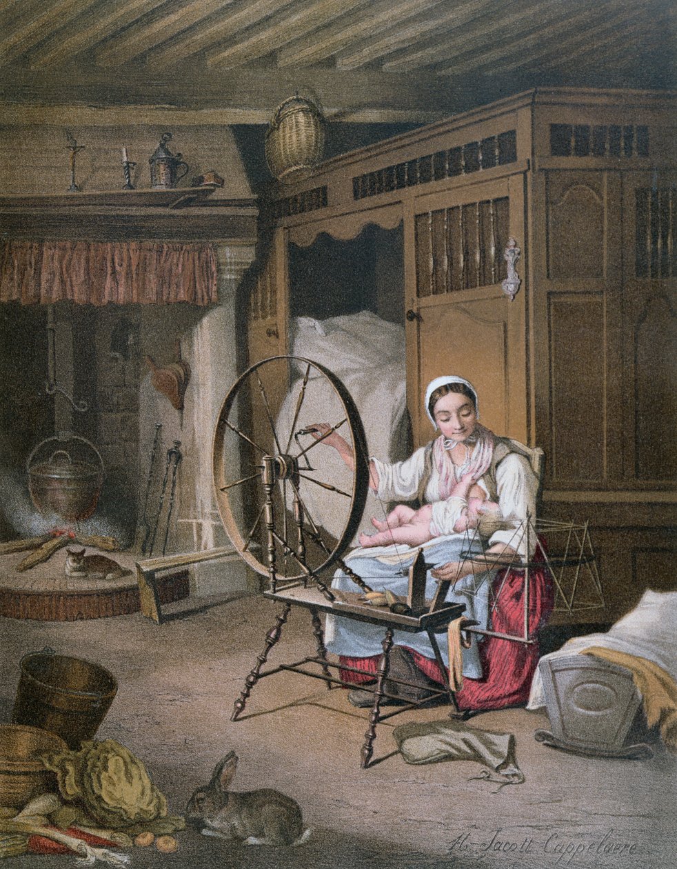 Interiör i ett bretonskt hem, slutet av 1800-talet (färggravyr) av Henriette Jacott Cappellaere