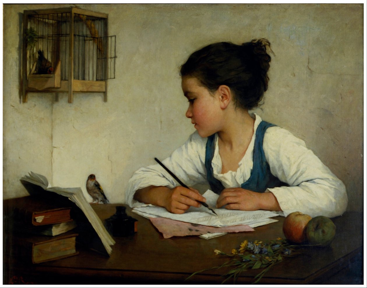 En tjej som skriver; Pet Goldfinch av Henriette Browne