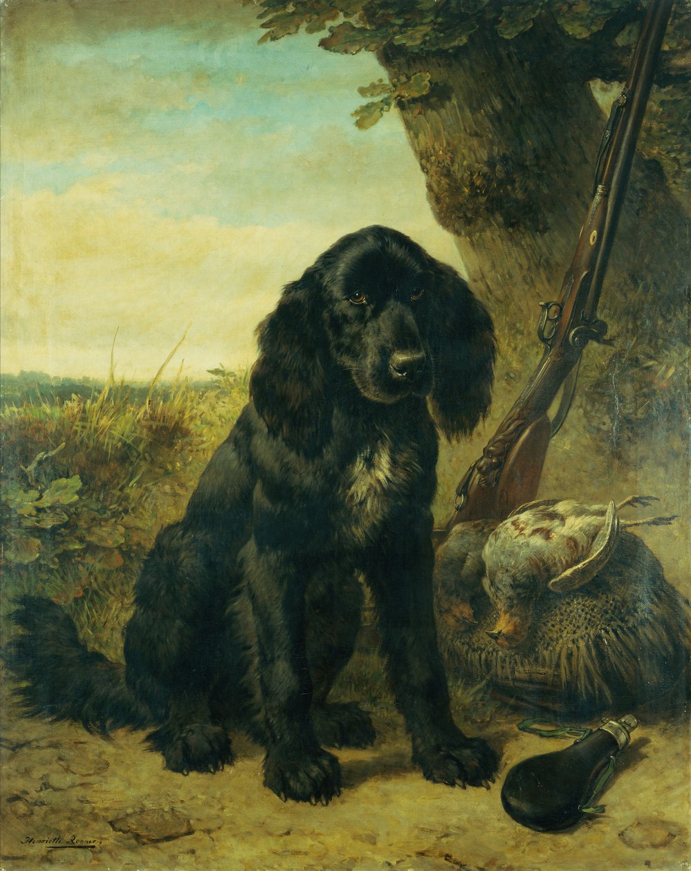 En platt belagd retriever vid ett träd (olja på duk) av Henriëtte Ronner Knip
