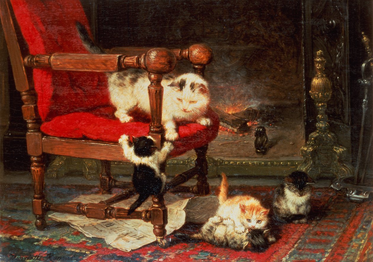 Leker med eldens värme (olja på duk) av Henriëtte Ronner Knip