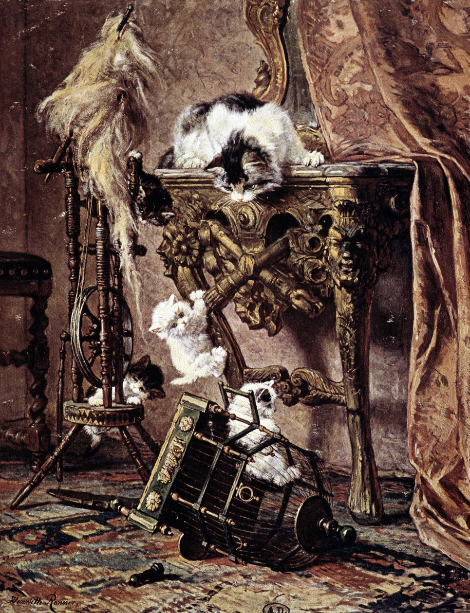 En katt ser sina kattungar leka - av Henriette Ronner av Henriëtte Ronner Knip