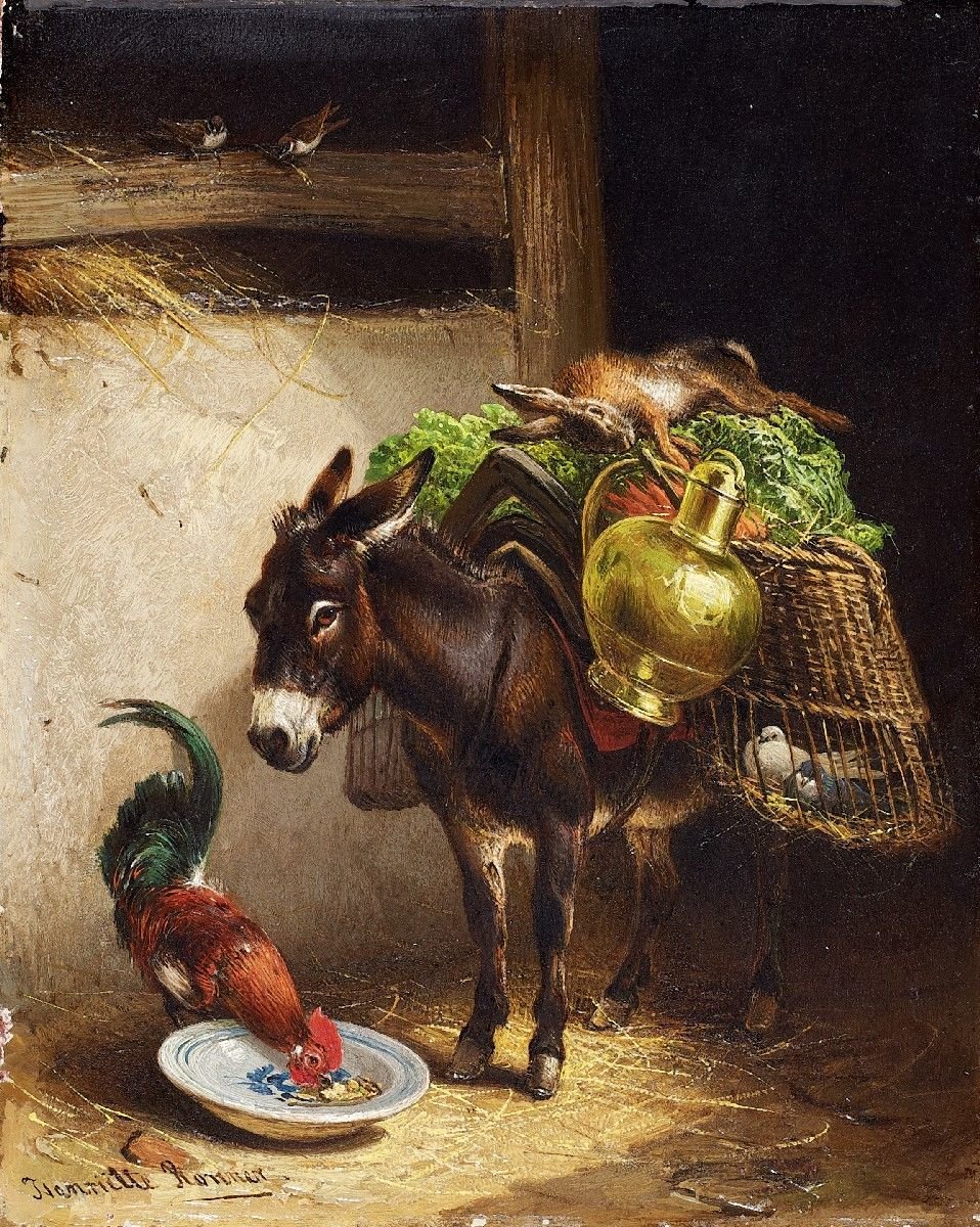  Esel und Hahn im Stall. av Henriëtte Ronner Knip