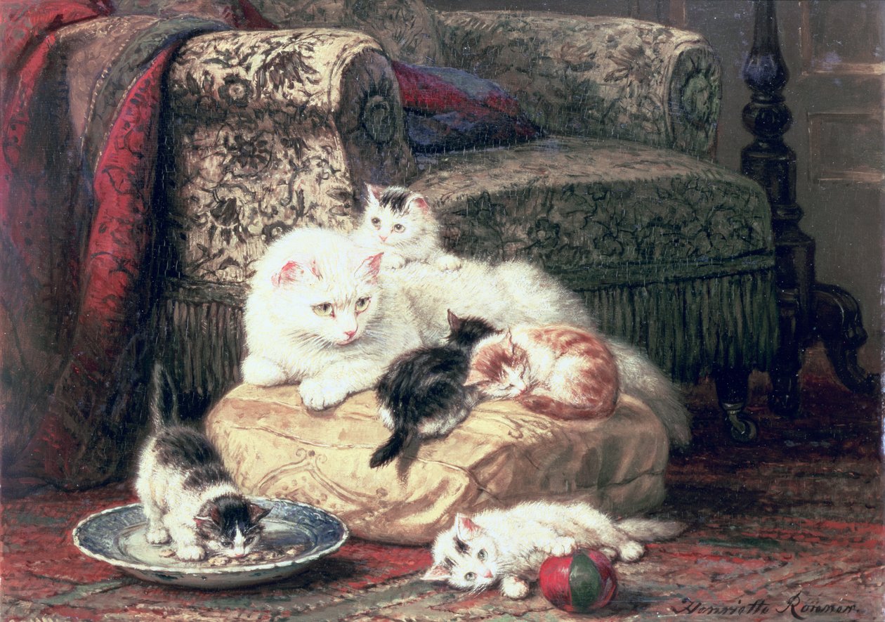 Katt med sina kattungar på en kudde av Henriëtte Ronner Knip