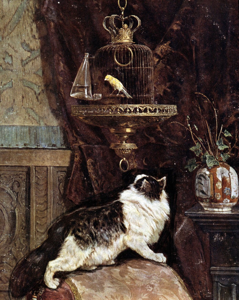 Katt som spionerar på en fågel i en bur - av Henriette Ronner av Henriëtte Ronner Knip
