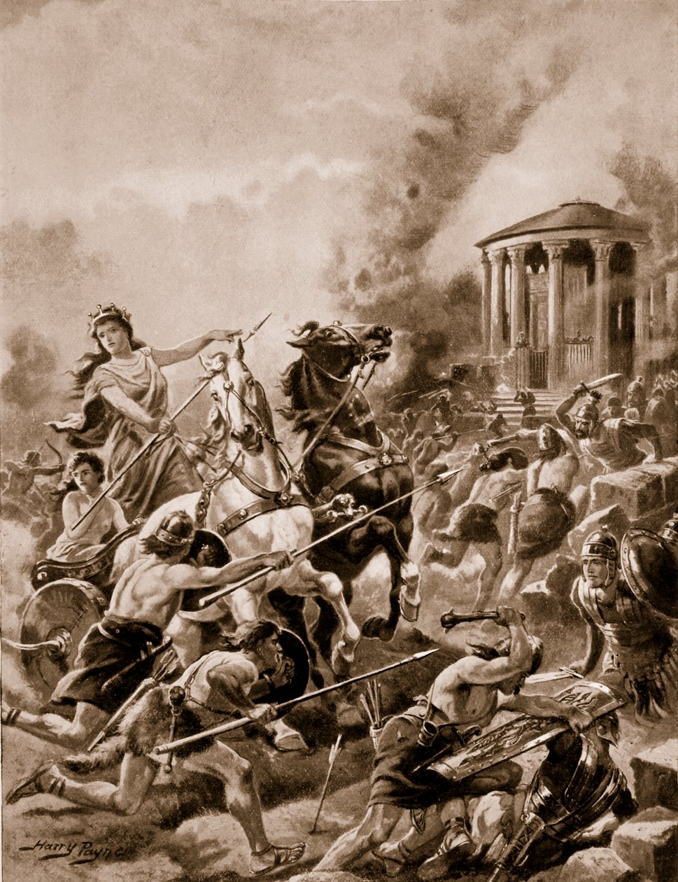 Boadiceas angrepp på Camulodunum, 60 e.Kr., illustration från "The History of the Nation". av Henry A. Payne
