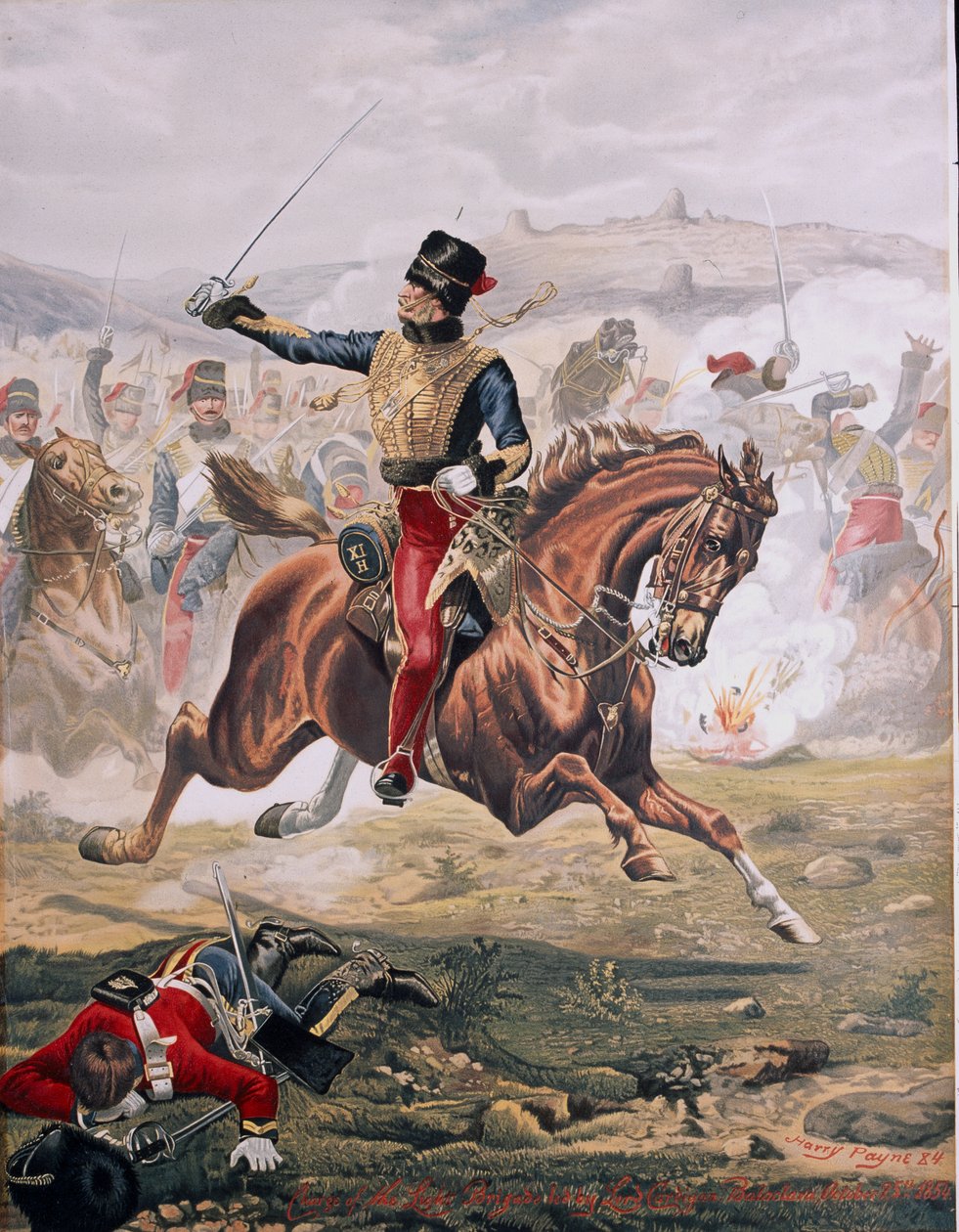 Lord Cardigan (1797-1868) leder den lätta brigadens ledning vid slaget vid Balaklava, 25 oktober 1854, 1884 (chromolitho) av Henry A. Payne