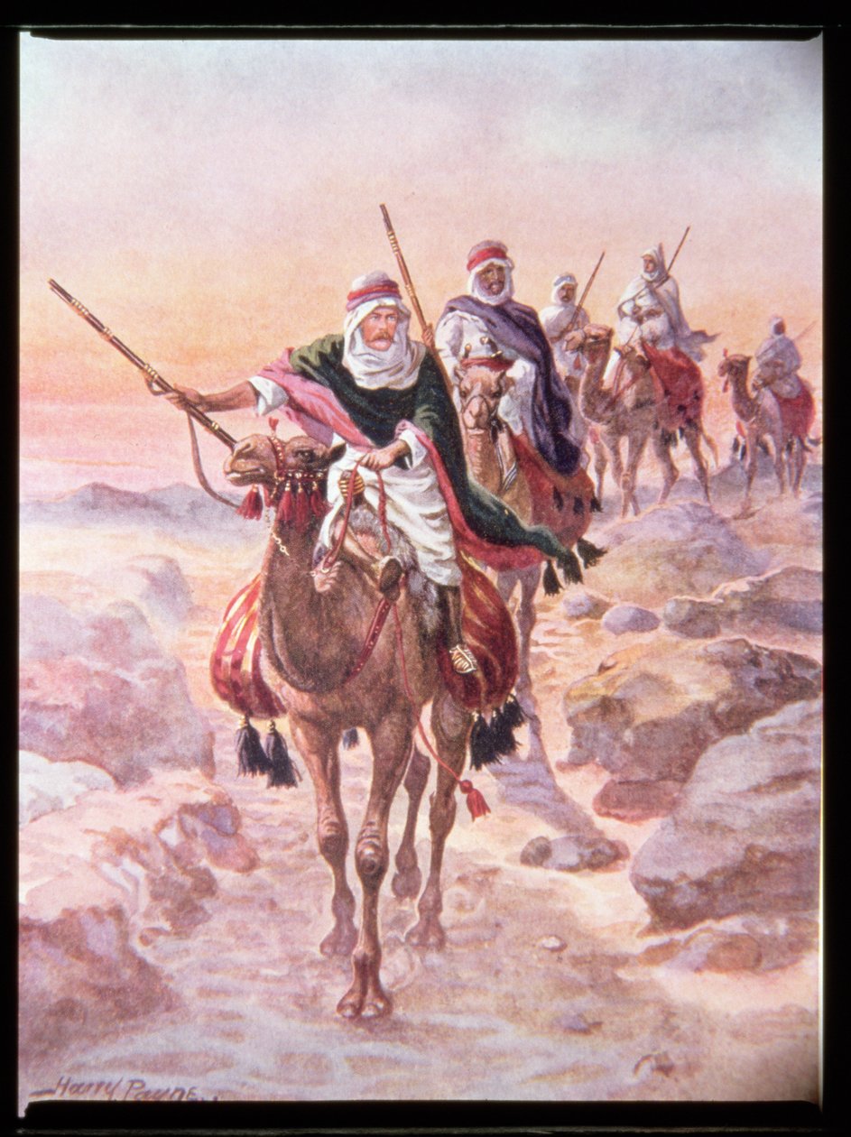 "Lord Kitchener, förklädd till en arab, rider över öknen till Dongola", illustration från "Modiga gärningar av modiga män" av C. Sheridan Jones, pub. 1922 av Henry A. Payne