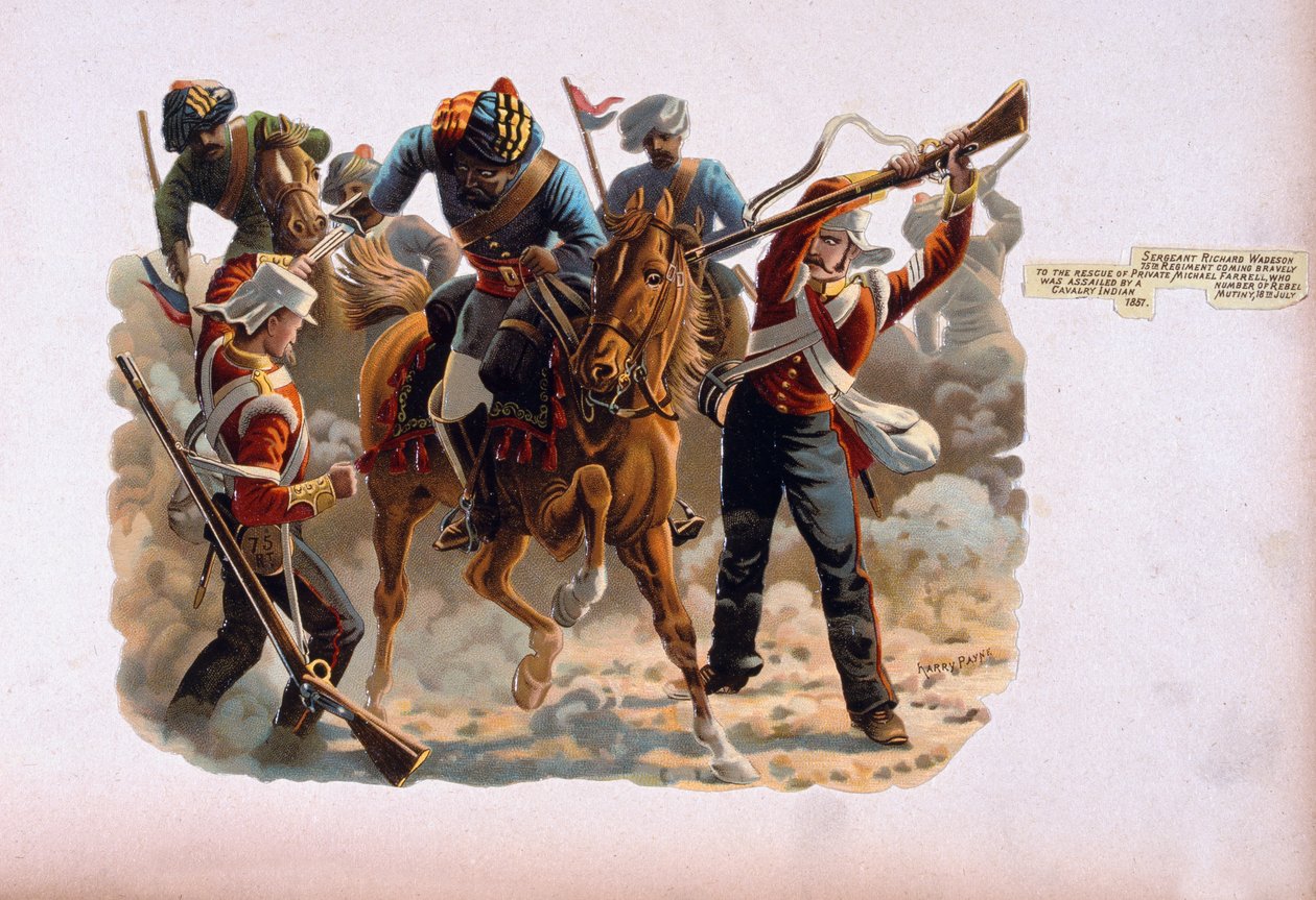 Sergeant Richard Wadeson, 75:e regementet, kommer tappert till undsättning av menig Michael Farrell som attackerades av ett antal rebellkavalleri, Indian Myteri, 18 juli 1857, från en serie med titeln 