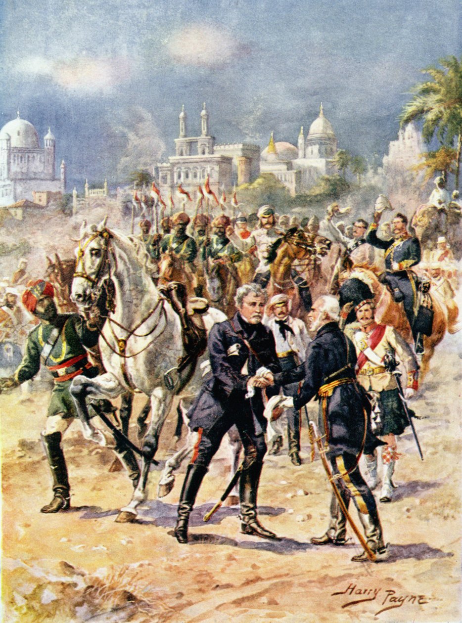 Mötet av Sir Colin Campbell (1792-1863) och General Outram-illustration från "Glorious Battles of English History" av major C.H. Wylly, 1920-talet av Henry A. Payne