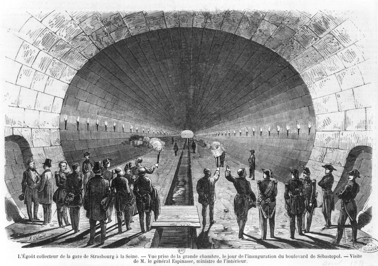 Huvudkanalen från Strasbourg Station till Seine. Officiellt besök av inrikesministern, general Charles Marie Esprit Espinasse (1815-59) april 1858 av Henry Augustin Valentin