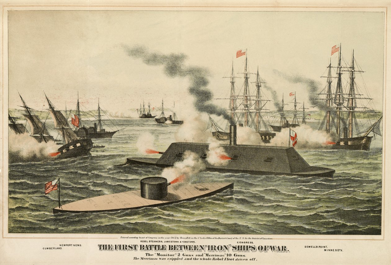 The First Battle Between Iron Ships of War, publicerad c.1862 av Henry Bill