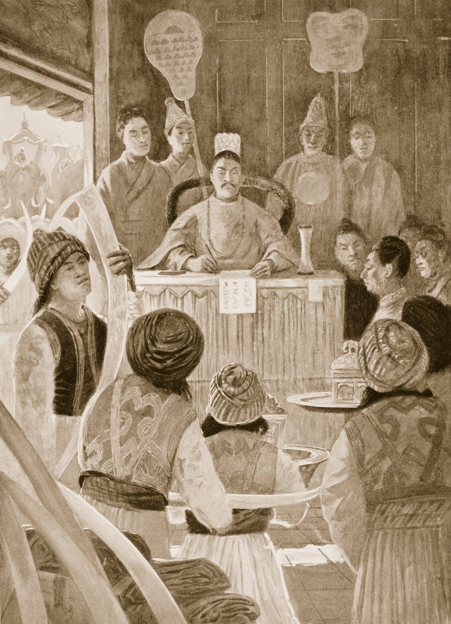 Siamesiska sändebud som hyllar Kinas kejsare, illustration från "Hutchinsons History of the Nations", ca 1910 av Henry Charles Seppings Wright