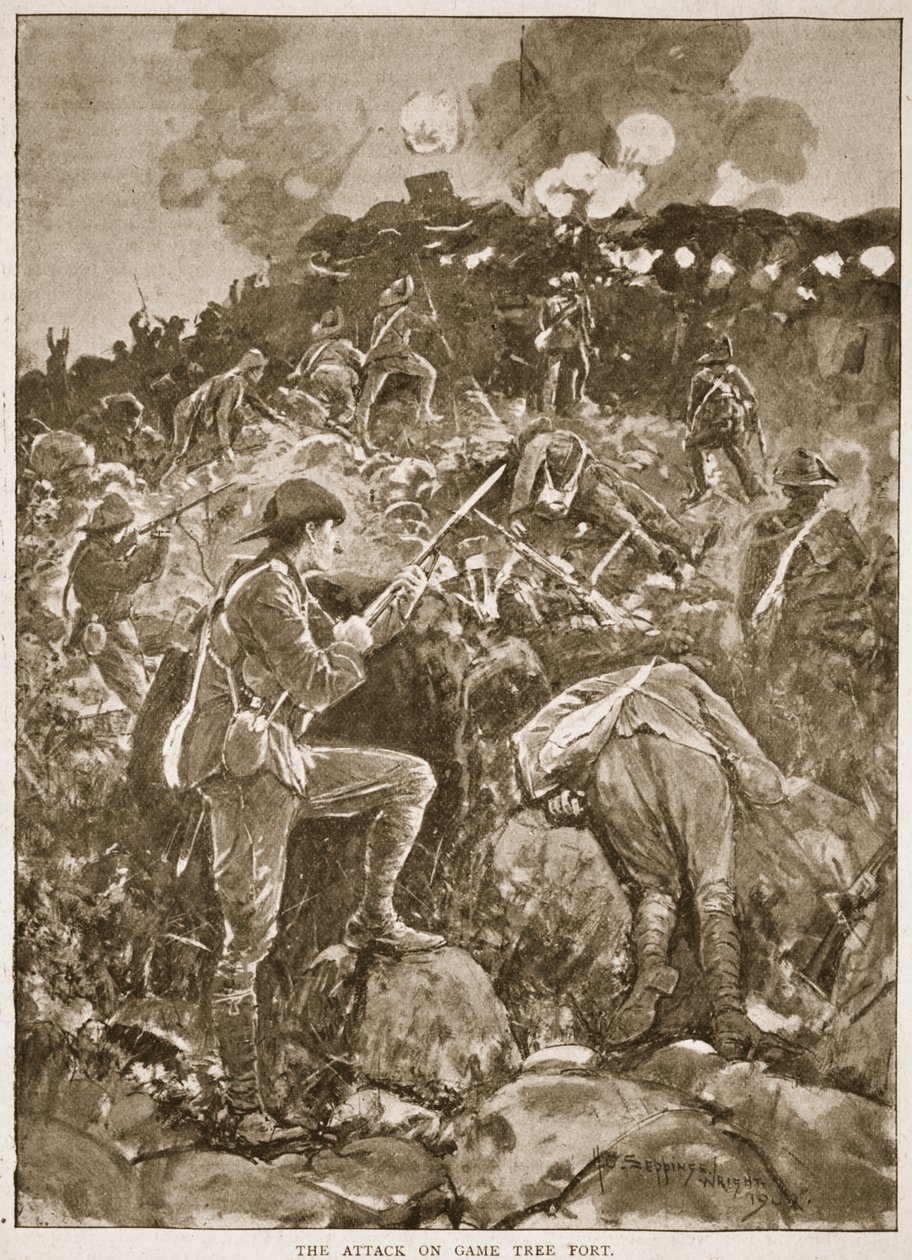 Anfallet mot viltträdsfortet, illustration från "Battles of the Nineteenth Century, Vol. VI: The Boer War of 1899-1900" av Archibald Forbes, G.A. Henty och major Arthur Griffiths. av Henry Charles Seppings Wright