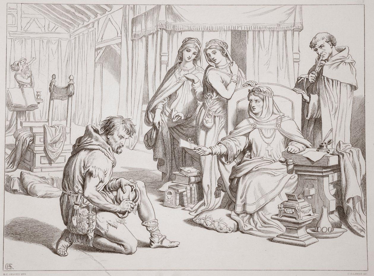 Martin Lightfoot åtar sig att vara bärare av brevet till Earl Leofric, illustration från Hereward the Great av Charles Kingsley, pub. 1870, graverad av C.G. Lewis (gravyr av stålplåt) av Henry Courtney Selous