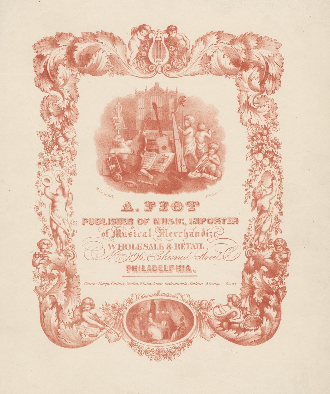 A. Fiot, musikförläggare och importör av musikaliska varor. Wholesale und Retail, No. 196 Chestnut Street Philadelphia, 1850 av Henry Dacre
