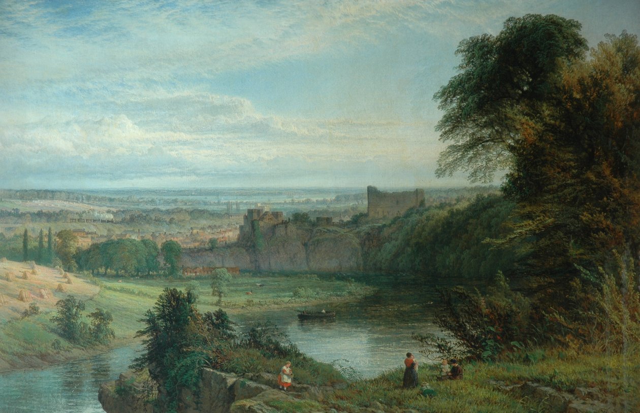 Landskap med Castle and River och Chepstow Castle, 1862 av Henry Dawson