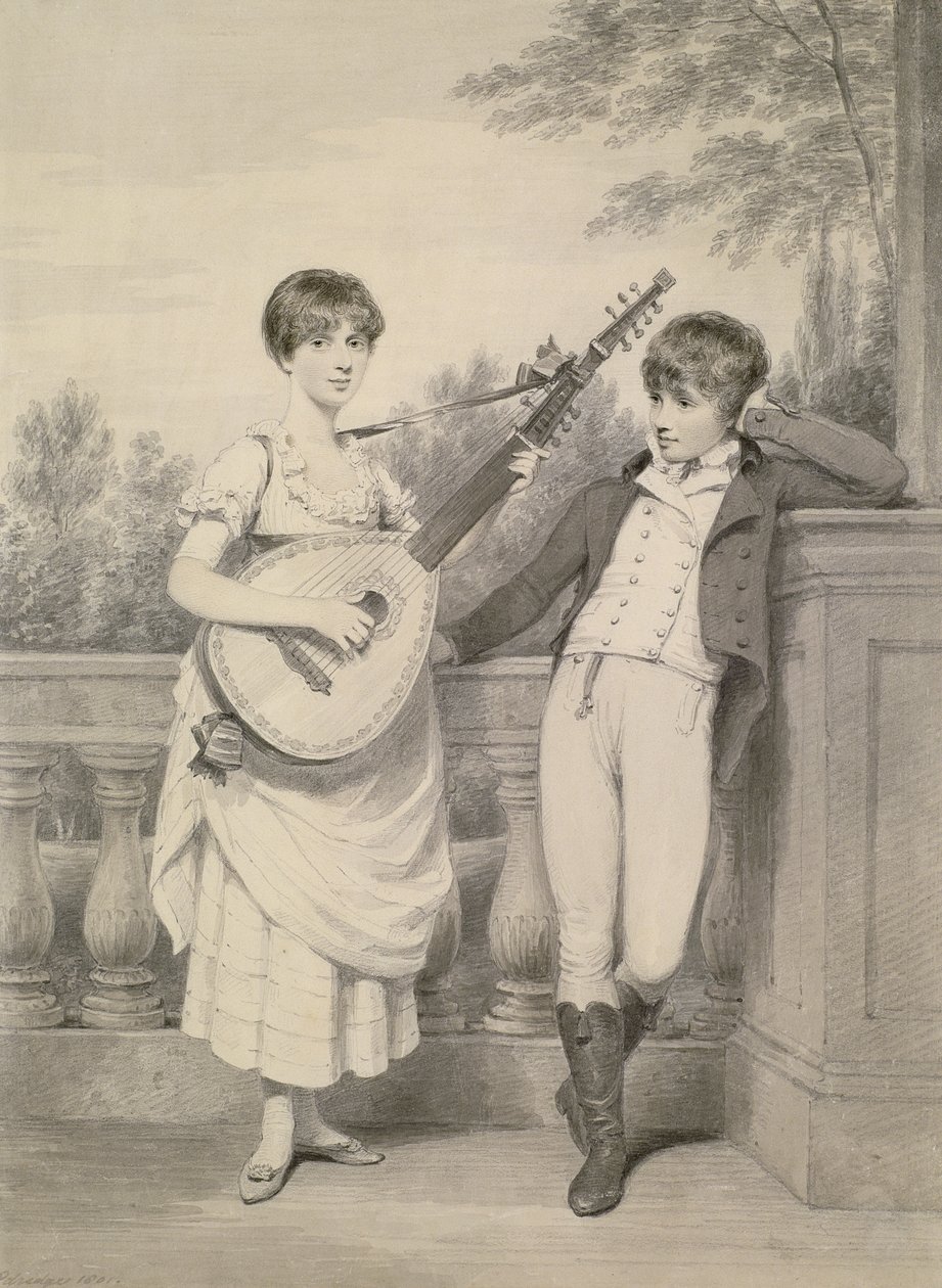 John och Charlotte, 1801 (grå tvätt över svart bly på papper) av Henry Edridge