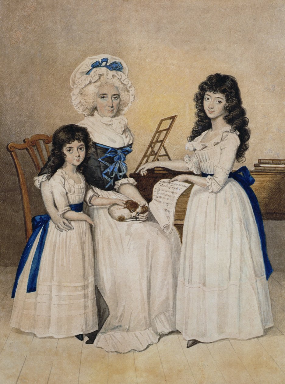 The Mansion of Peace: Mrs Campbell och hennes två döttrar bredvid en Pianoforte av Henry Edridge